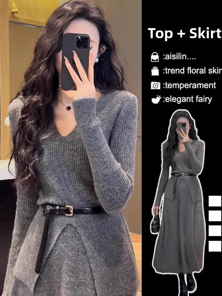 فستان محبوك على طراز هيبي، طقم من قطعتين، تنورة سترة بخصر مرتفع وشق، تصميم أنيق لفصلي الخريف والشتاء، لون شاي، نسخة كورية للعمل