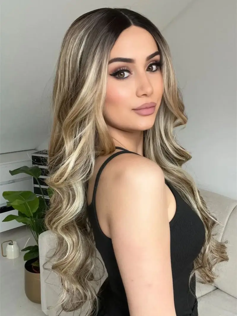 يوميا 13x4 أومبير براون شقراء الاصطناعية HD الدانتيل شعر مستعار أمامي 30 بوصة سوبر طويل الجسم موجة شعر مستعار جودة عالية ألياف مقاومة للحرارة شعر مستعار #2