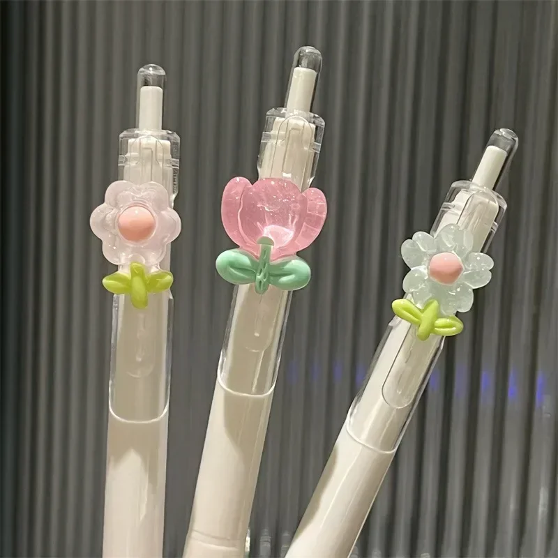 2 Pcs Cute Flower Student Quick Dry Smooth Neutral Pen Push Nib High Quality Girl Heart Shape Colorful Translucent Pen