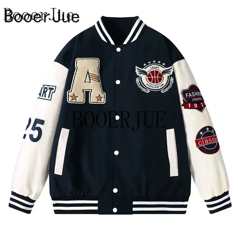 Sports Running Letter Patchwork Faux Leather Bomber Coat Hip Hop Streetwear Outerwear Unisex Varsity Baseball Jacket Men Bone