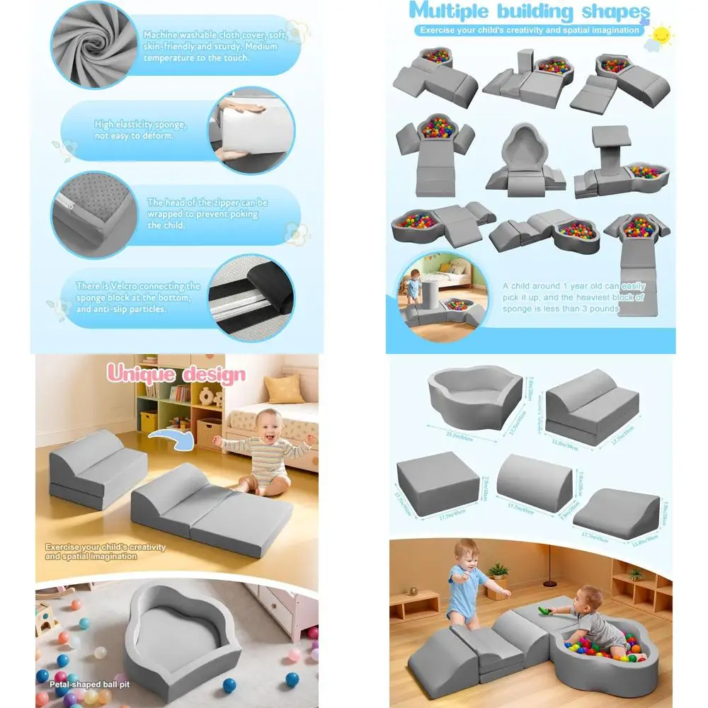 Blocchi da gioco in schiuma per neonati con base antiscivolo e velcro, per bambini di 6-12 mesi, alta densità e lavabile, grigio