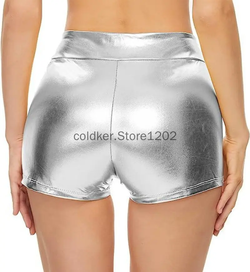 Womens Metallic Booty Shorts High Waisted Shiny Rave Bottoms for Dance Festival Costumes Dance Short for Halloween Costume Party