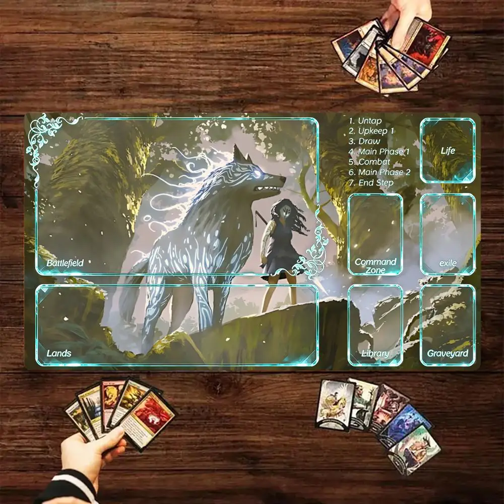 Spirit Wolf White Leopard Forest Elf Warrior Forest MTG Playmat Magic Card Mat Anti-Slip Durable Stitched Edge 35X60CM Deskpad