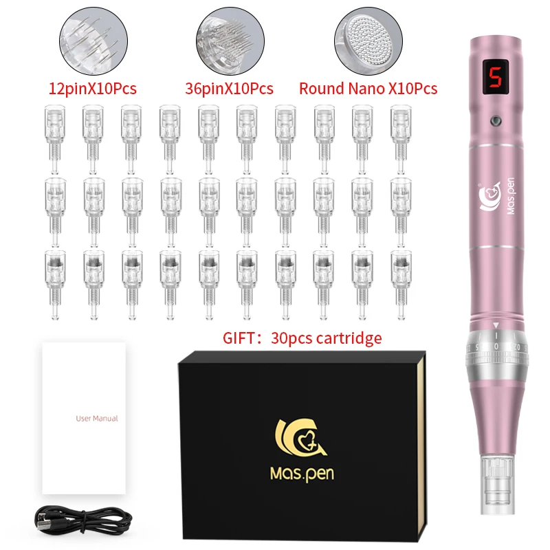 Professionele hoogfrequente en mute Dermapen draadloze elektrische microneedling derma-pen met 30 vervangbare naaldcartridges