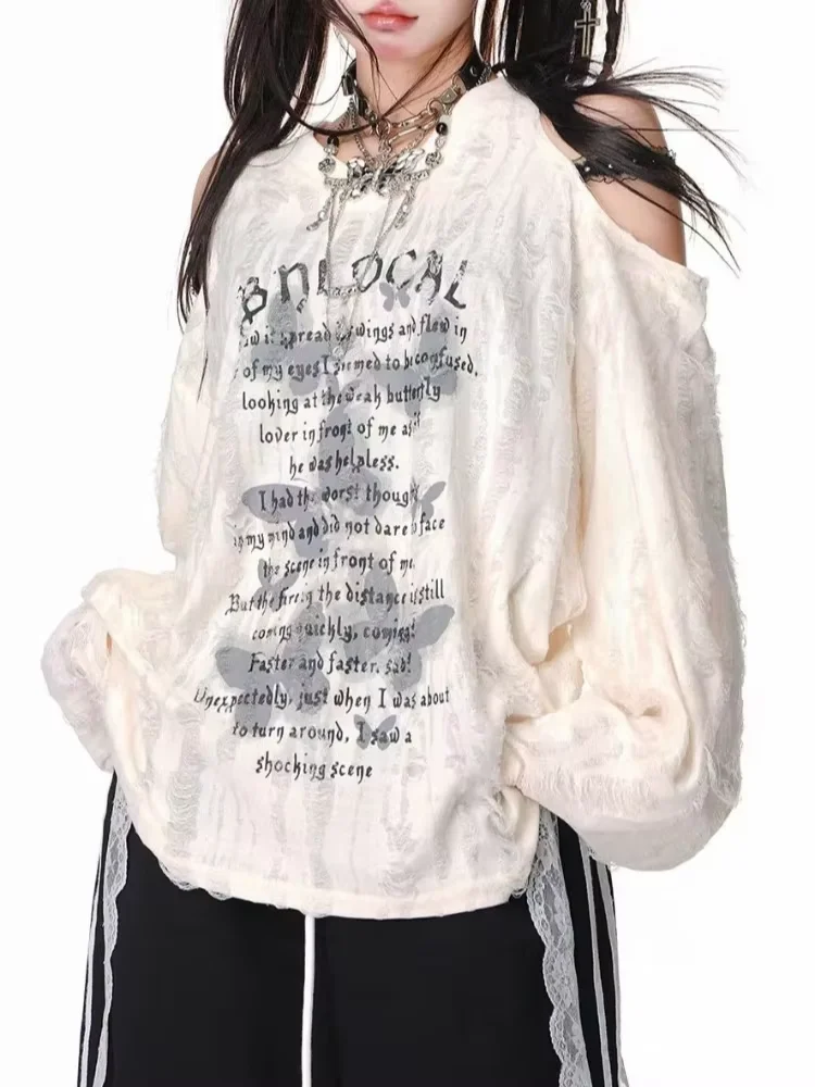 Camiseta gótica Grunge oscura con agujeros para mujer, camisetas sexys con hombros descubiertos Harajuku, Tops con estampado de letras Punk para mujer 2024