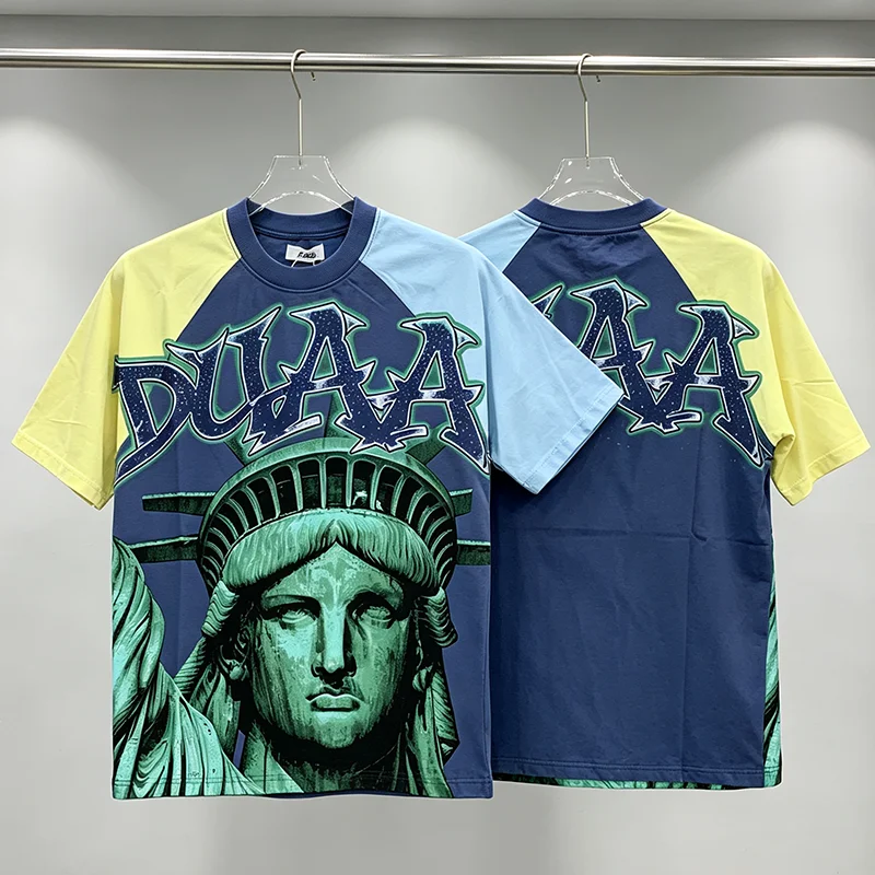 DUAA Streetwear Color Block T-Shirt Statue of Liberty Graphic Rhinestone Accent Loose Fit Tee