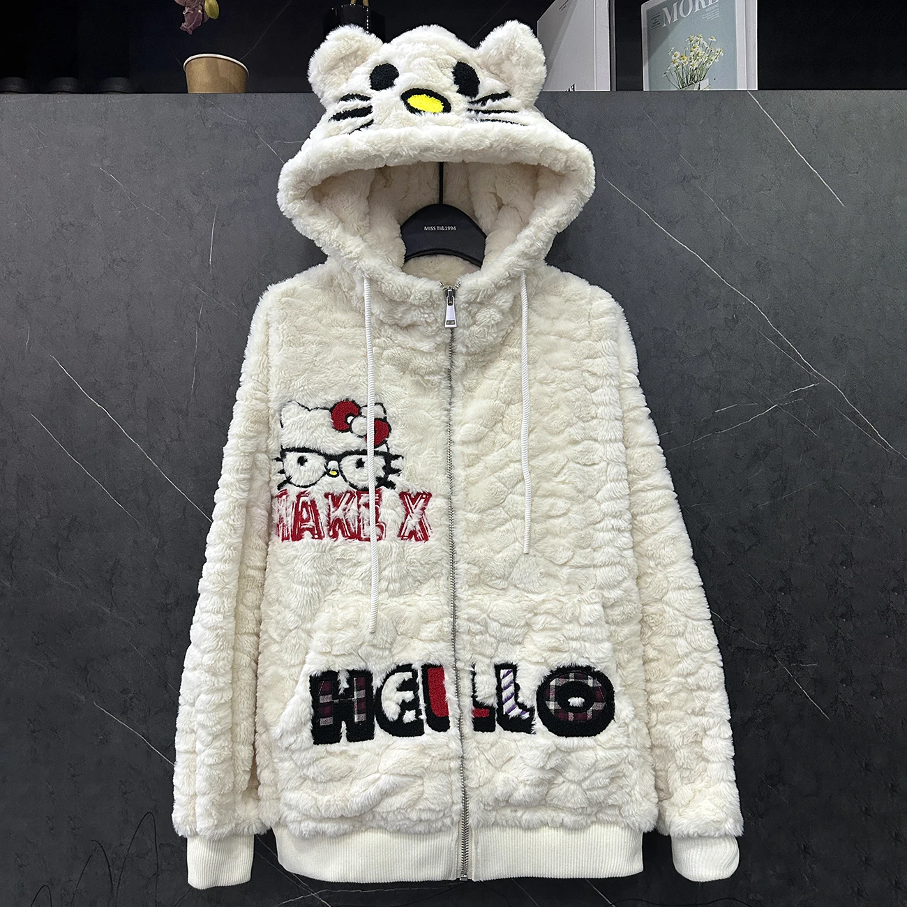 Winter Heavy Industry Cartoon Fleece Hooded Sweatshirs Women's Loose Fashion Hoodie Coat Thickened Warm Kawaii Zip Up Hoodie