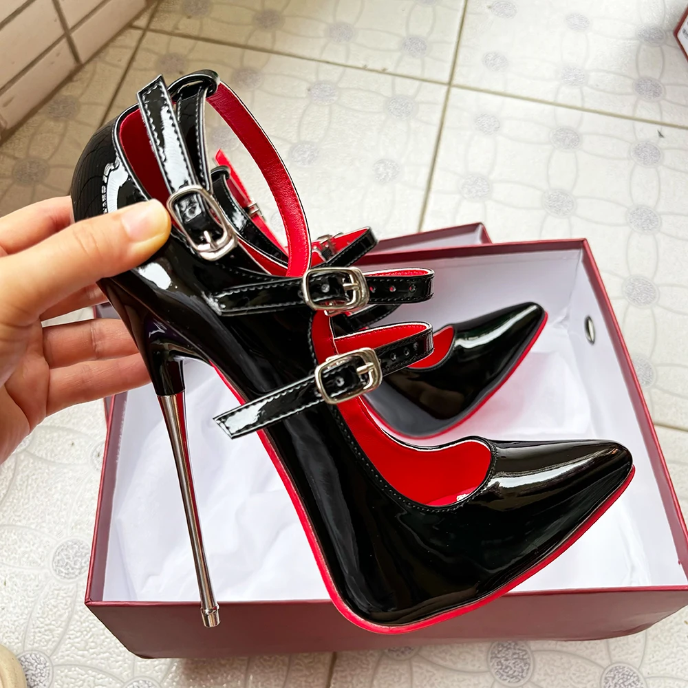 2024 Newly 16cm Unisex High Heels Black Ankle Strap Sexy Red inside Fetish Stilettos Instep Strap Factory Customize Pump Size46