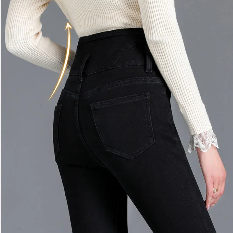 Lässig Knopf schickes Design hohe Taille Stretch Bleistift Jeans Retro Streetwear klassische Frauen dünne übergroße Jeans hose koreanisch