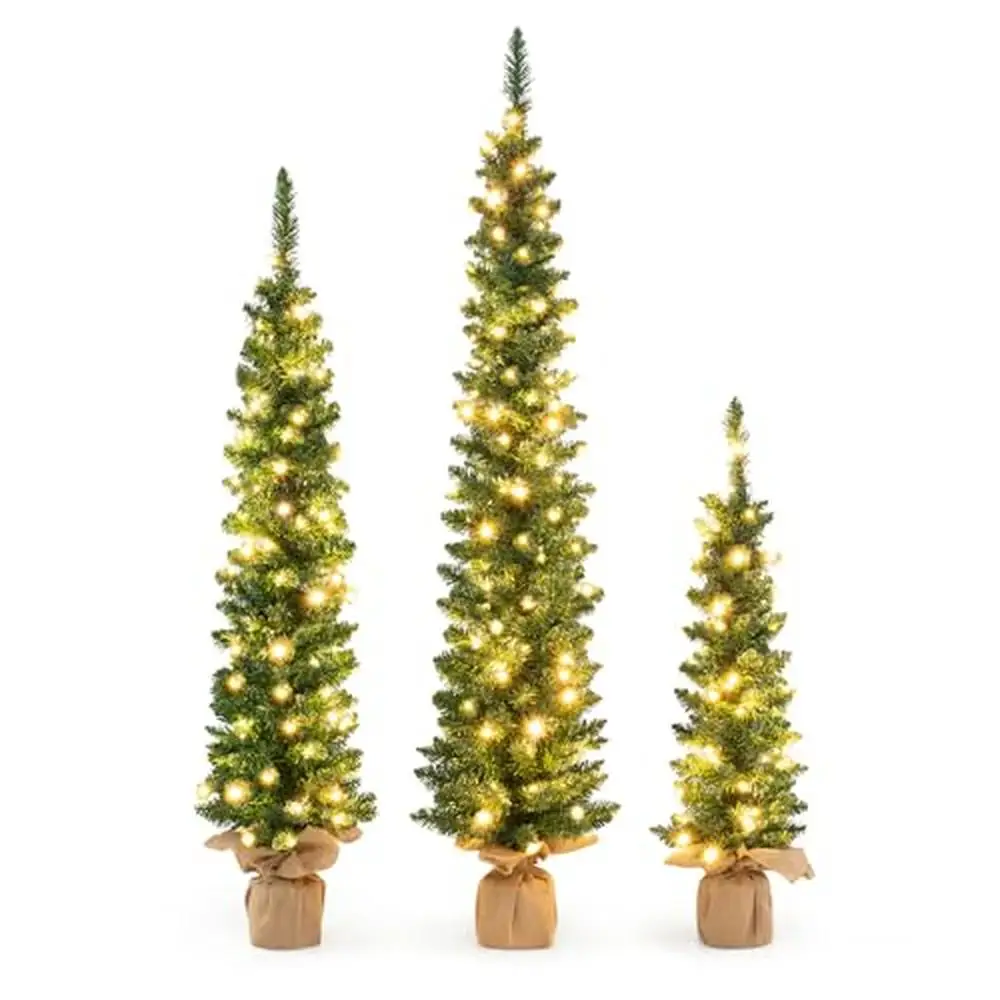 Christmas Tree Set of 3 Slim Pencil Xmas Trees with 415 Green Branch Tips 230 Warm White LED Lights 3' 4' 5' Artificial Holiday