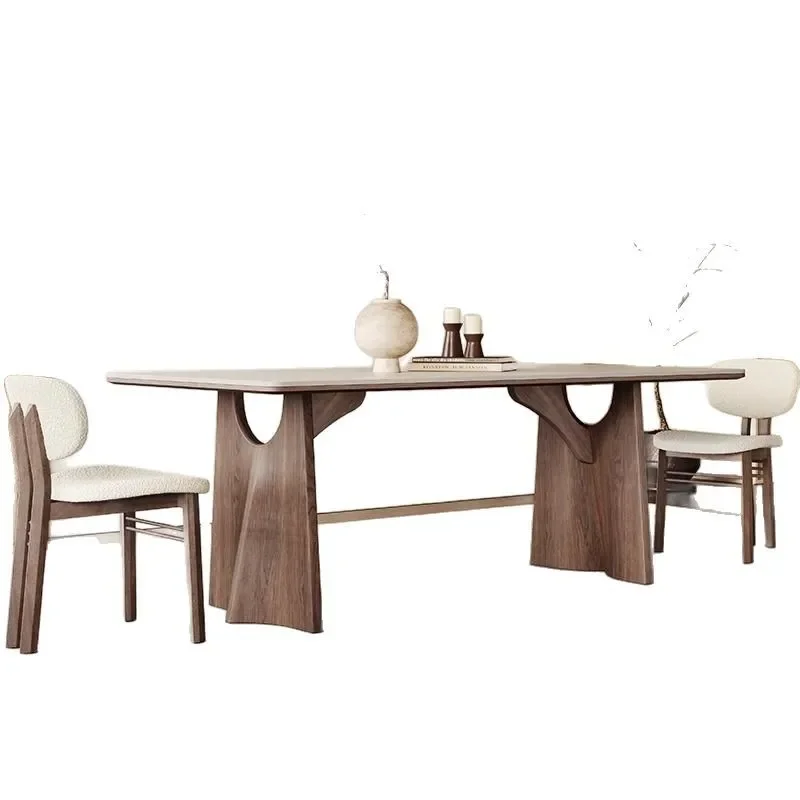 

Medieval pure white rock slab rectangular household Italian light luxury wabi sandy wind solid wood dining table and chairs