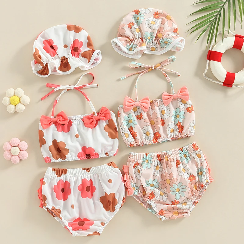 2023 Summer 0-2Y Baby Girls Three Piece Swimsuits Floral Print Halter Bikini Set Bathing Suit with Swim Cap