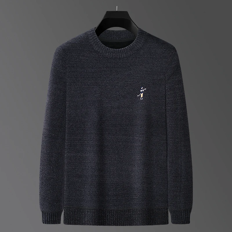 سترة رجالية فاخرة سميكة للخريف تحافظ على الدفء برقبة دائرية بلوفر مطرز رائع ملابس رجالية متماسكة عالية الجودة