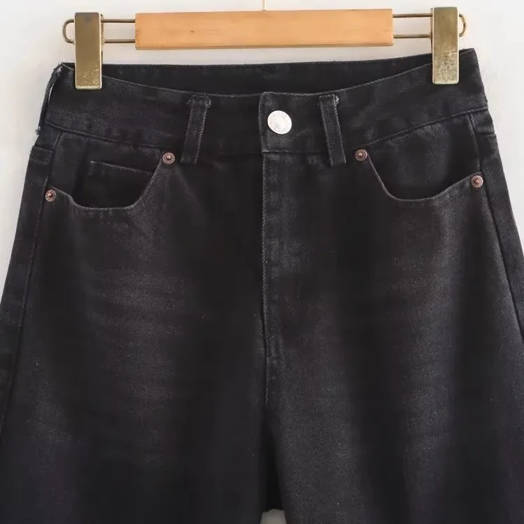 

ZAR Autumn New Women's Loose Versatile Waed Denim Jeans Straight Leg Long Bla Pants Faion Design Sensation