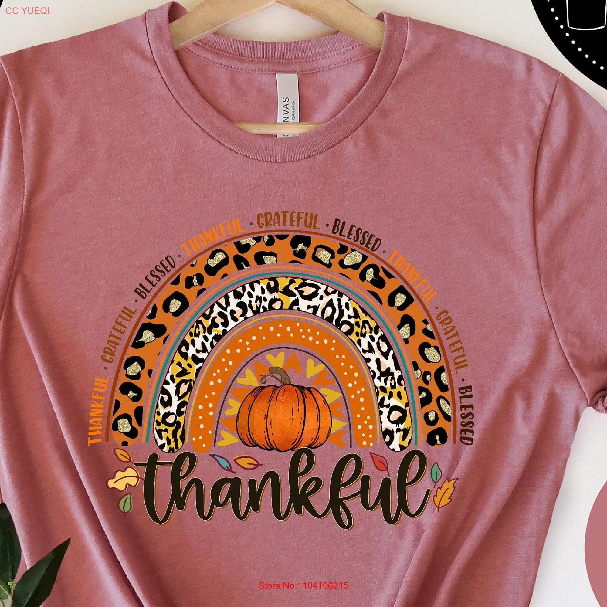 Rainbow Thankful T Shirt Happy Thanksgiving Fall Autumn Women Cute long or short sleeves