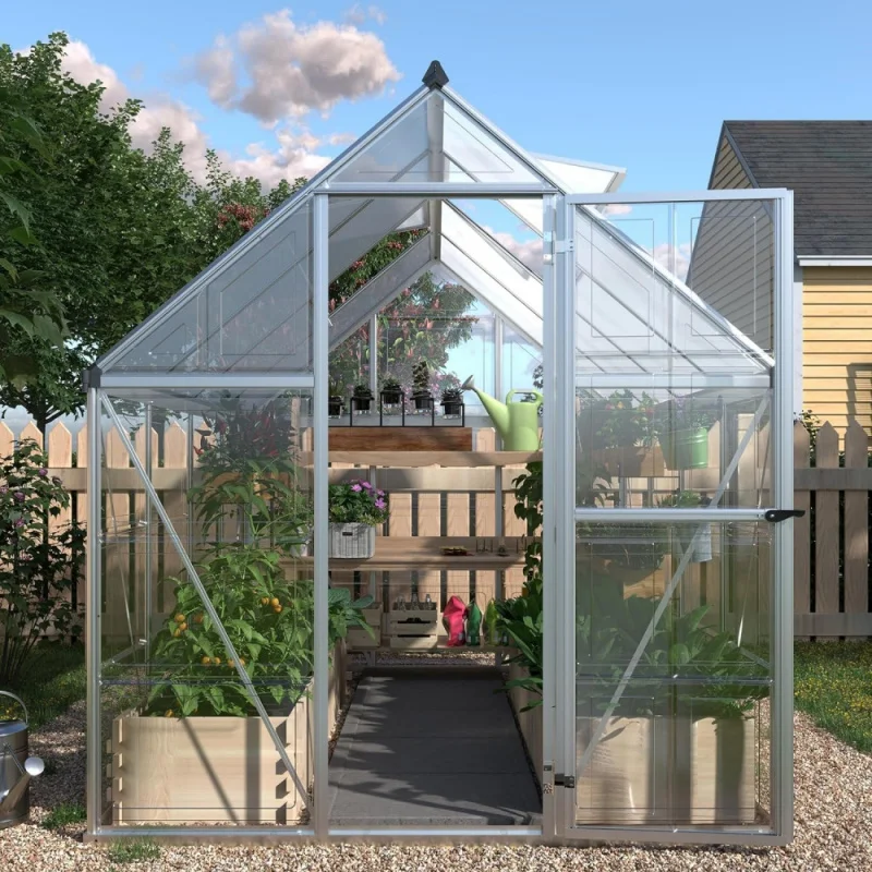 6x12 FT Hybrid Polycarbonate Greenhouse With 2 Vent Window, Walk-In Hobby Greenhouse With Lockable Hinged Door