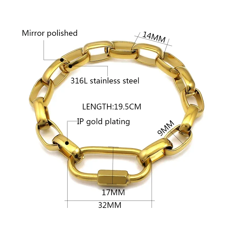 Stainless Steel Carabiner Hook Closure Necklace for Women Men Geometric Metal Links 9mm Wide Link Chain Necklaces Party Gifts