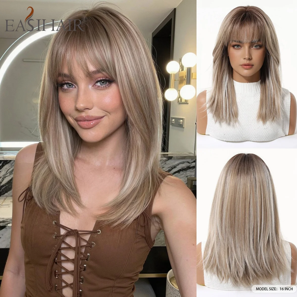 Light Blonde Brown Ombre Medium Straight Layered Synthetic Wig with Bangs Heat Resistant for Women Halloween Party Daily Use