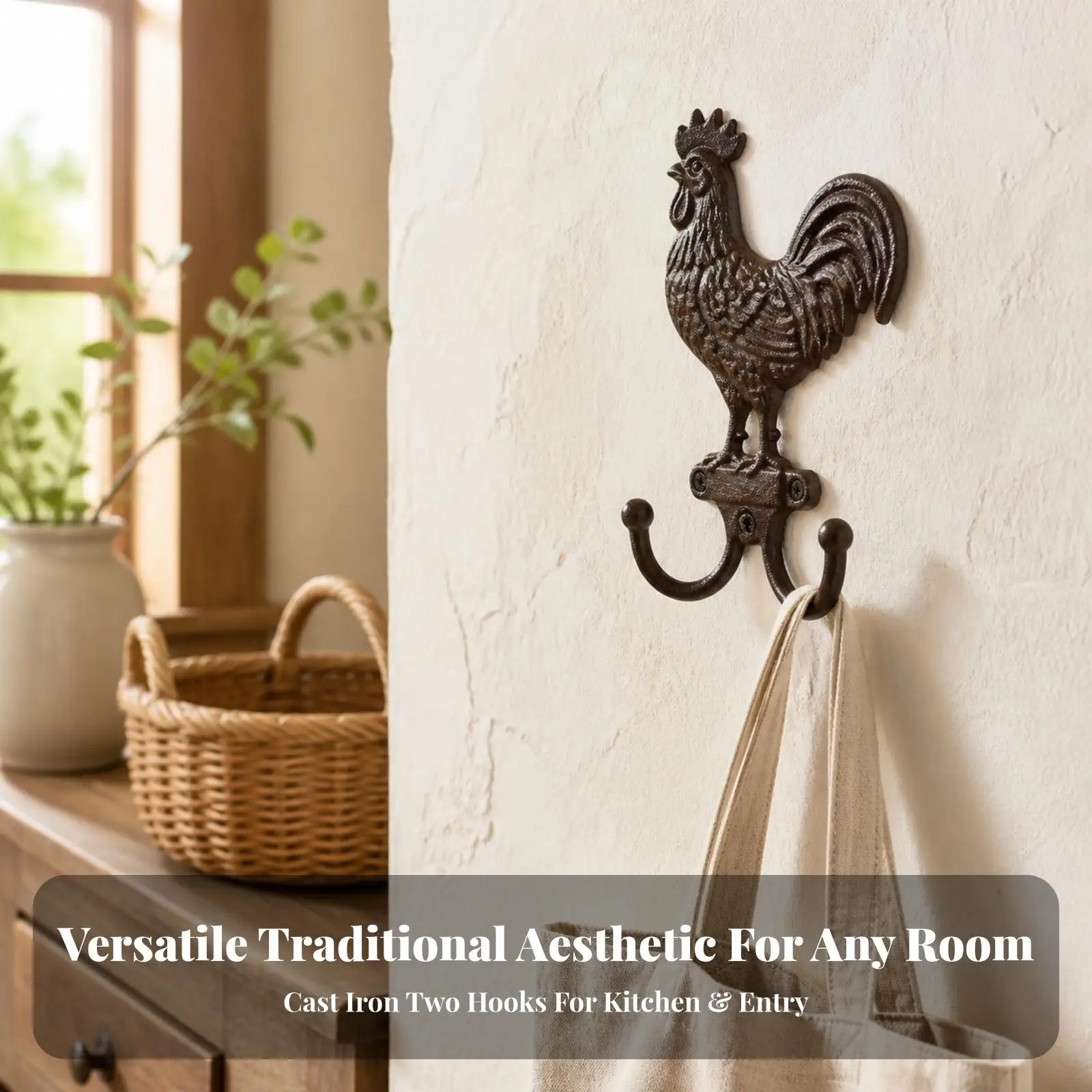Cast Iron Hook with Chanticleer Motif Farmhouse Chanticleer Wall Hook Hardware Decorative Vintage for Kitchen, Entryway