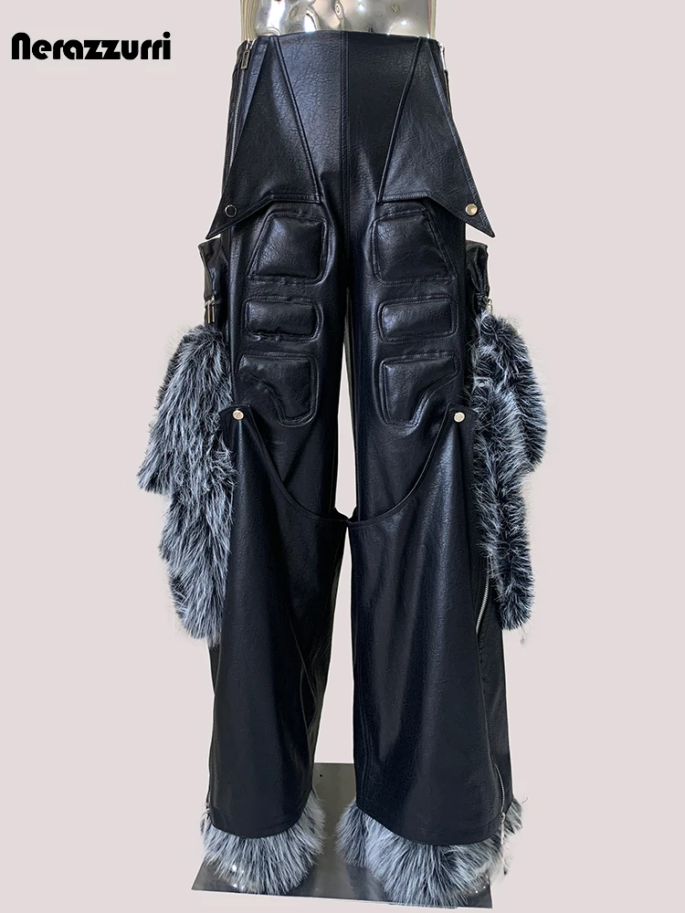 Nerazzurri Autumn Cool Baggy Faux Fur Patchwork Pu Leather Wide Leg Cargo Pants Men Luxury Designer European Emo Streetwear 2025