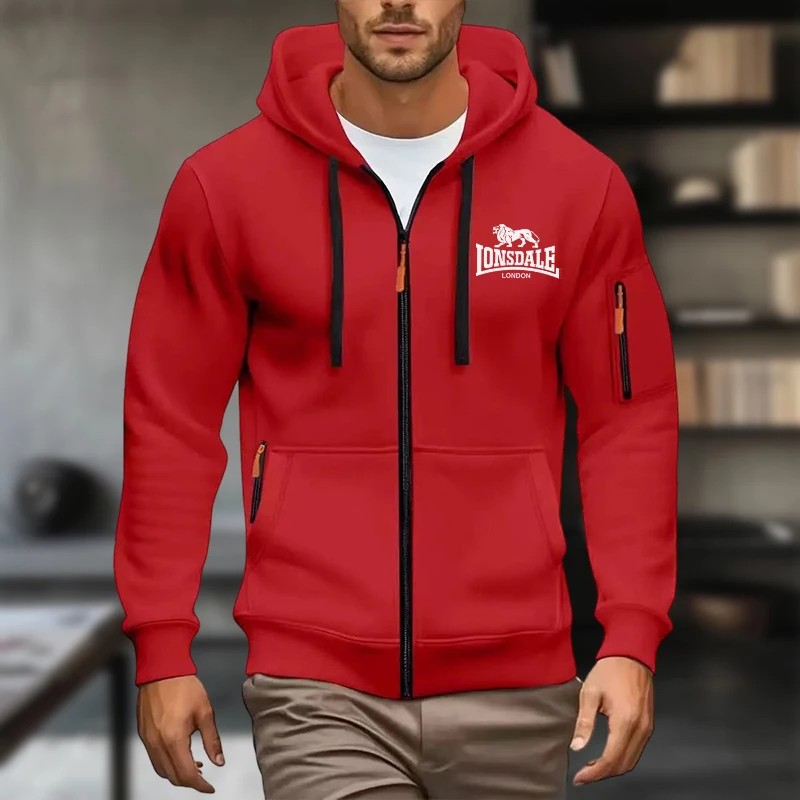 New Men's Zip-Up Color Hoodie with Casual Fall/Winter Top Raglan Sleeves Hoodies Sweatshirt Male