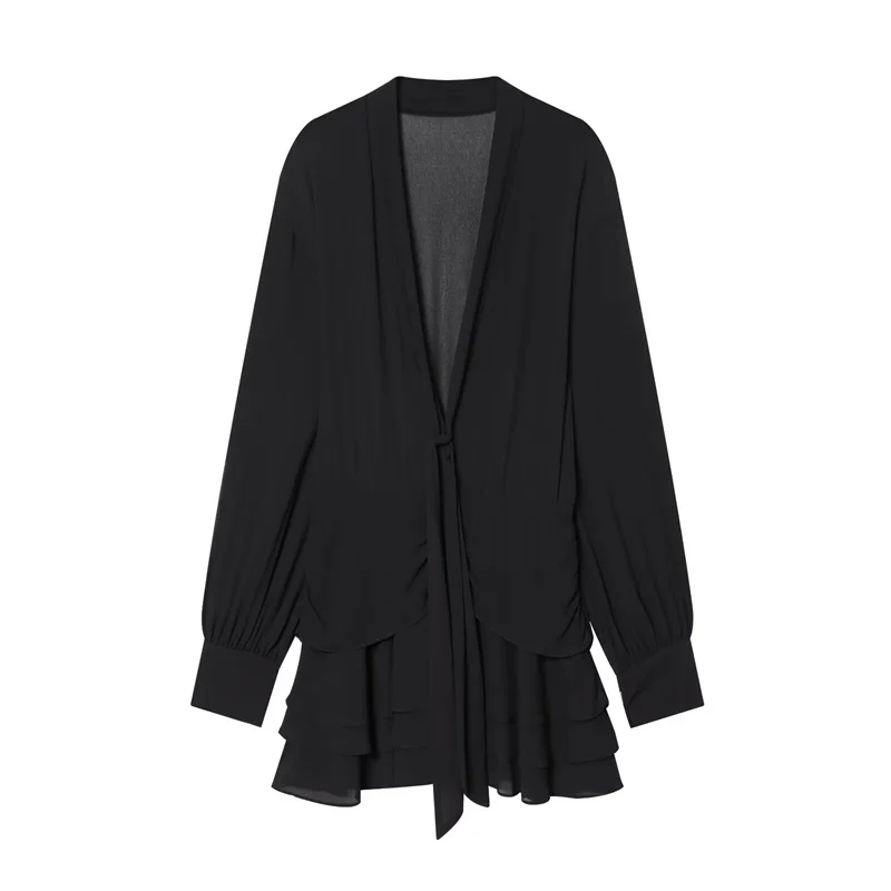 Vestido feminino 2025 outono novo preto manga longa sexy profundo decote em v drapeado em camadas mini vestido elegante e elegante