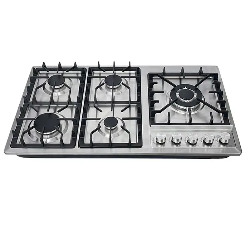 Built-In Table Gas Hob 5 Burners Stainless Steel Construction Energy Saving Electronic Ignition Tempered Glass Panel Electric