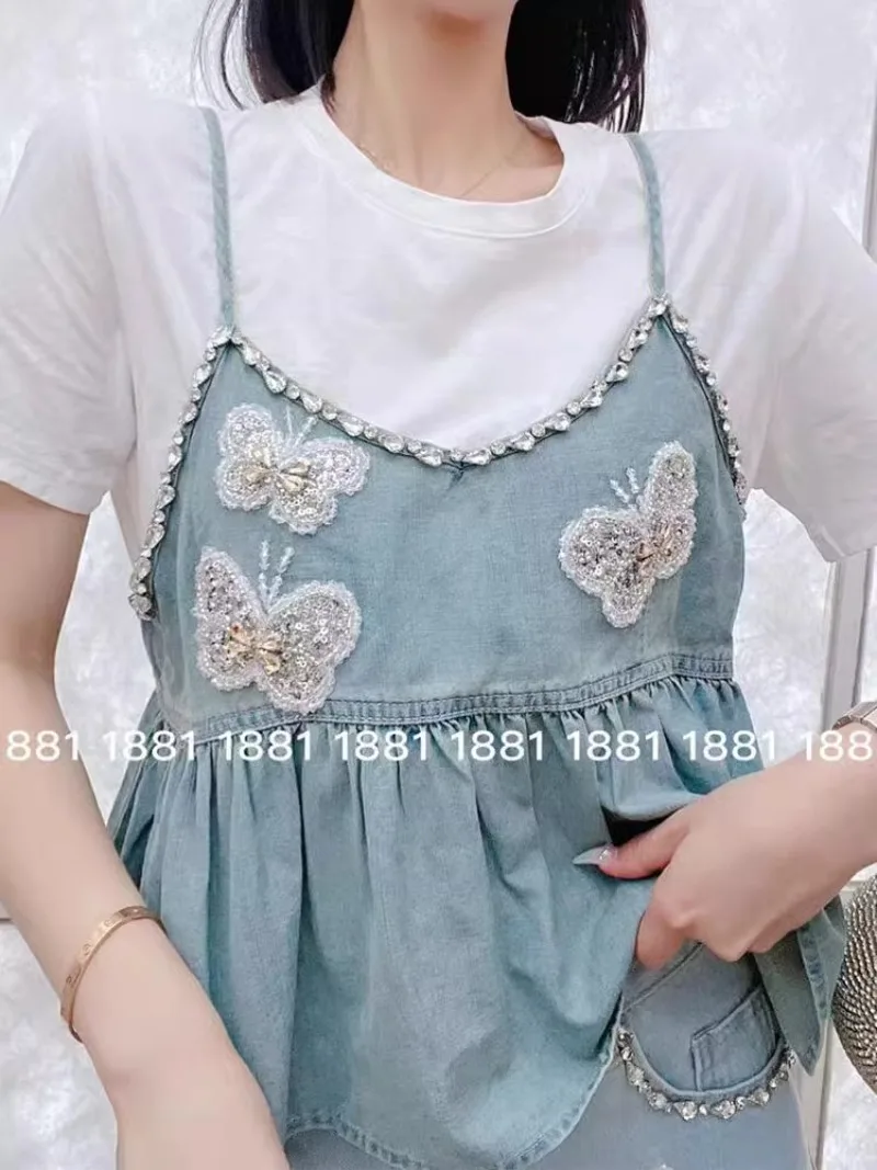 Two-Piece T-shirts And Slings For Women Summer New Exquisite Rhinestone Butterfly Denim Camisoles White T Shirt Cute Top Outfits