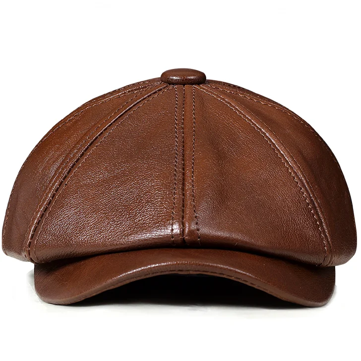 Retro Octagonal Genuine Leather Hat Autumn Men\'s Cowhide Leather Beret Elegant Fashion Student Tongue Cap Snapback Caps For Men