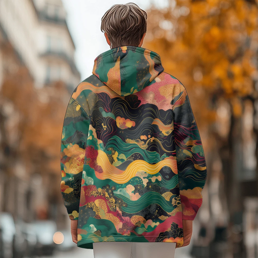 Ropa de invierno para hombre, novedad en abrigos de plumas, chaqueta acolchada de algodón con diseño ondulado de color, cremallera de bolsillo con estampado de grafiti de plumas