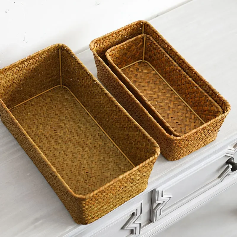 Handwoven Wicker Storage Basket, Rectangular Basket, Home Bathroom Organizer, Rattan Storage Boxes, Desktop Makeup Organizer Box