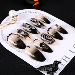 24Pc Black Gradient Skull Almond Fake Nails Halloween High-Glossy Cool Girl Press On Nail Rose/Heart Acrylic Wearable False Nail
