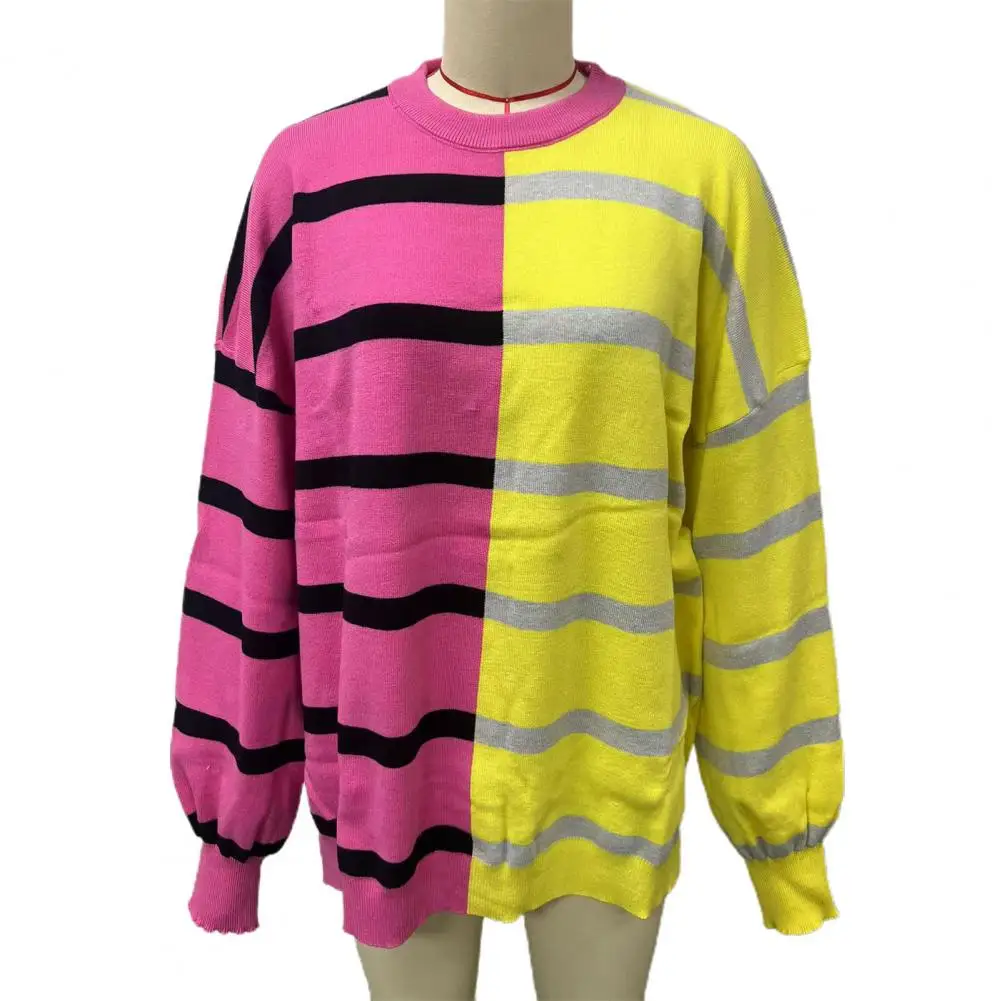 Sport Top Colorblock Striped Oversized Sweatshirt for Women Knitted Mid Length Pullover Top Wear for Fall Spring Warm Spring