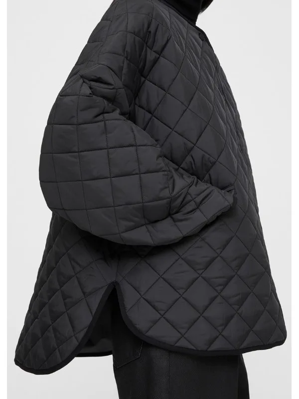 

Classic Diamond Pattern Autumn Winter Cotton Jaet Loose Warm Front ort Ba Long Design Commute Sle Korean Version