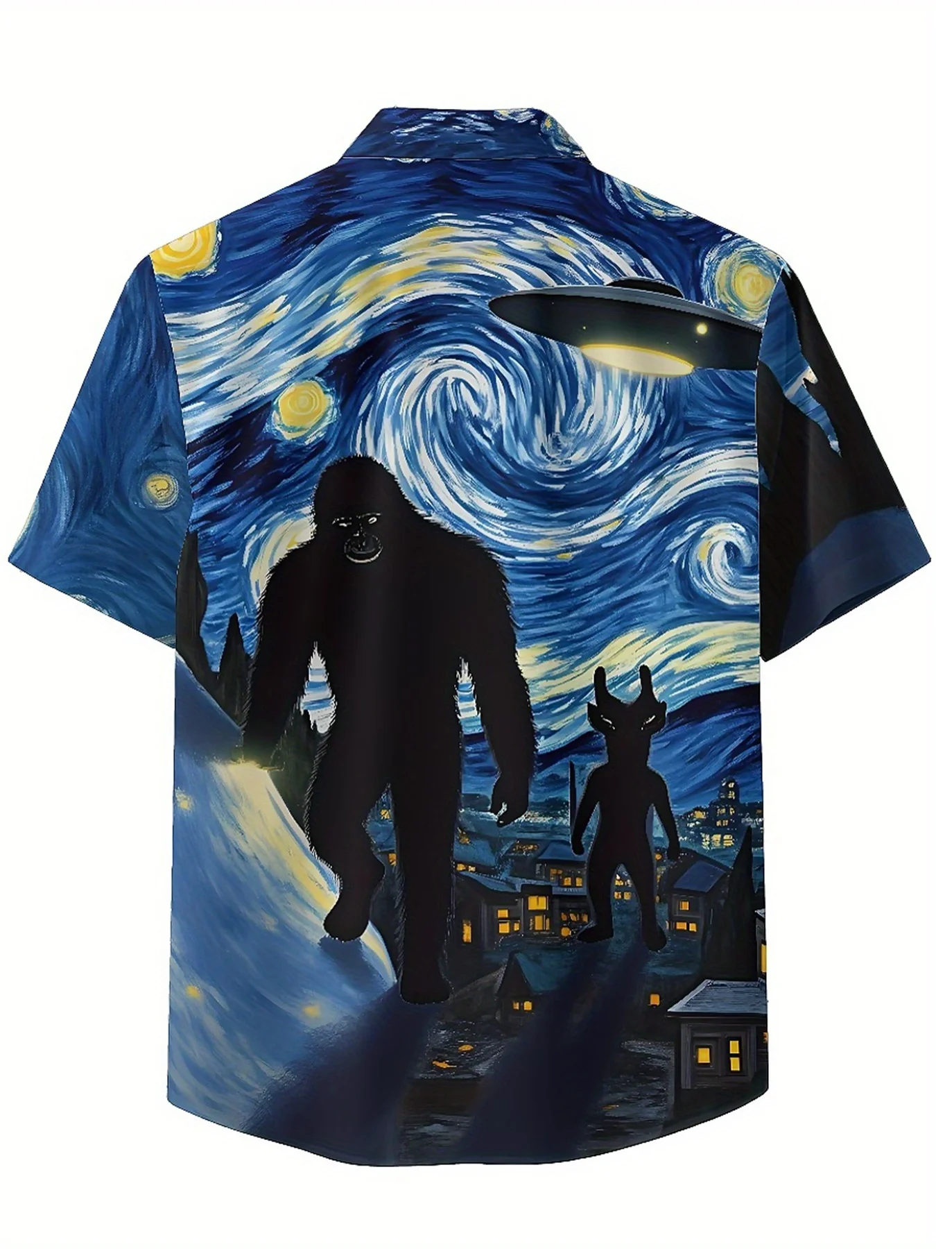Men's Plus Size Hawaiian Shirts Sasquatch and UFO, Van Gogh Style pattern,Unisex Baggy Aloha Shirts,summer Alternative Clothing