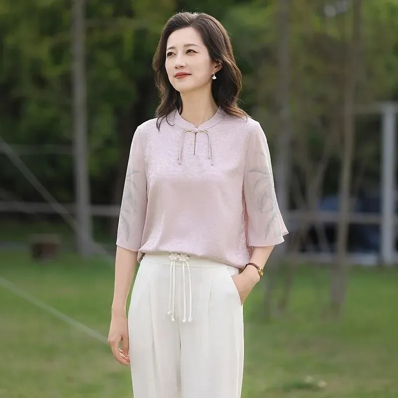 

Women Chinese Style Stand Collar Blouse Middle Age Mom Top 3/4 Sleeve Printed Shirt