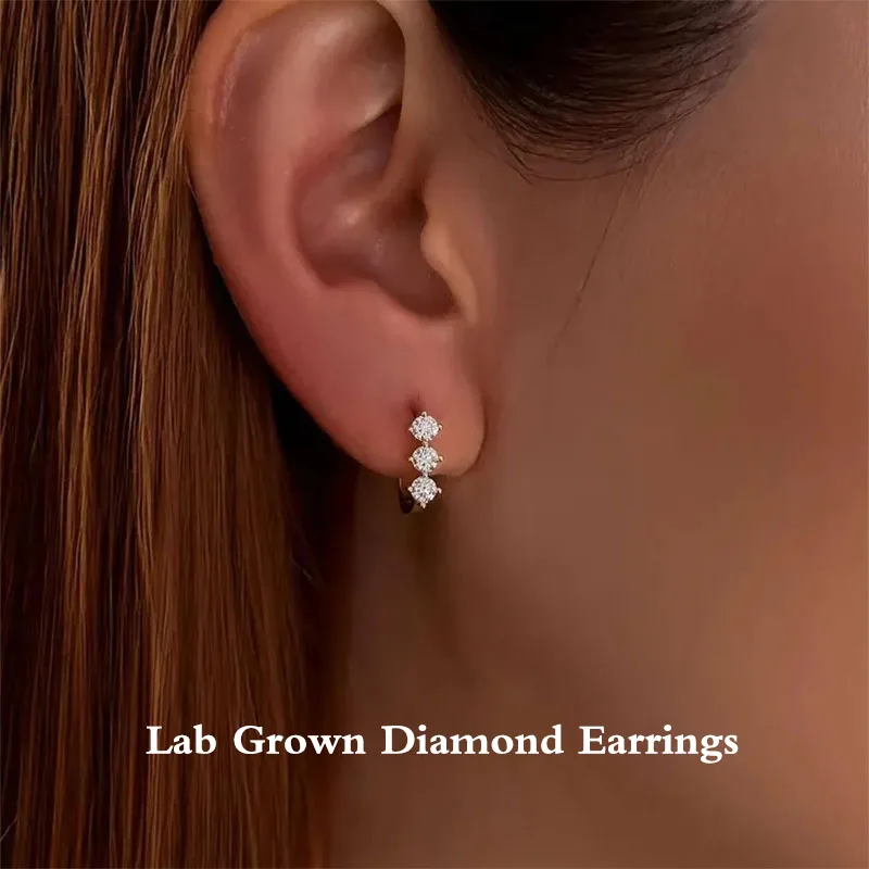 

0.6ctw DEF/VS VVS Round Cut HPHT Lab Grown Diamond Triple Stone Earrings 14K Gold Hoops Elegant Stackable Earrings Gift for Her