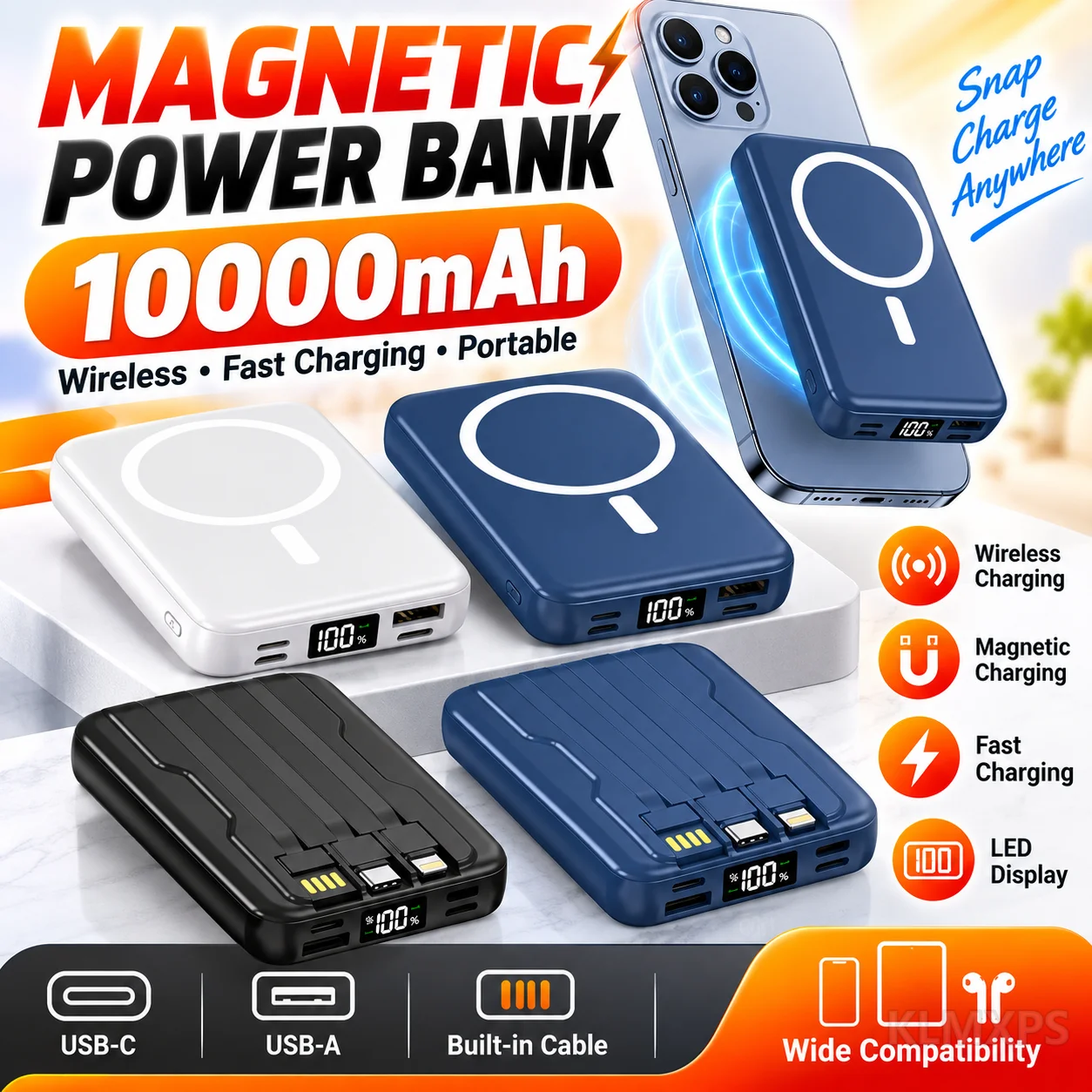 20W Fast Charging Power Bank, 1000mAh Magnetic Battery Pack with USB-C Cable, Ultra Slim Portable Charger for Travel Use