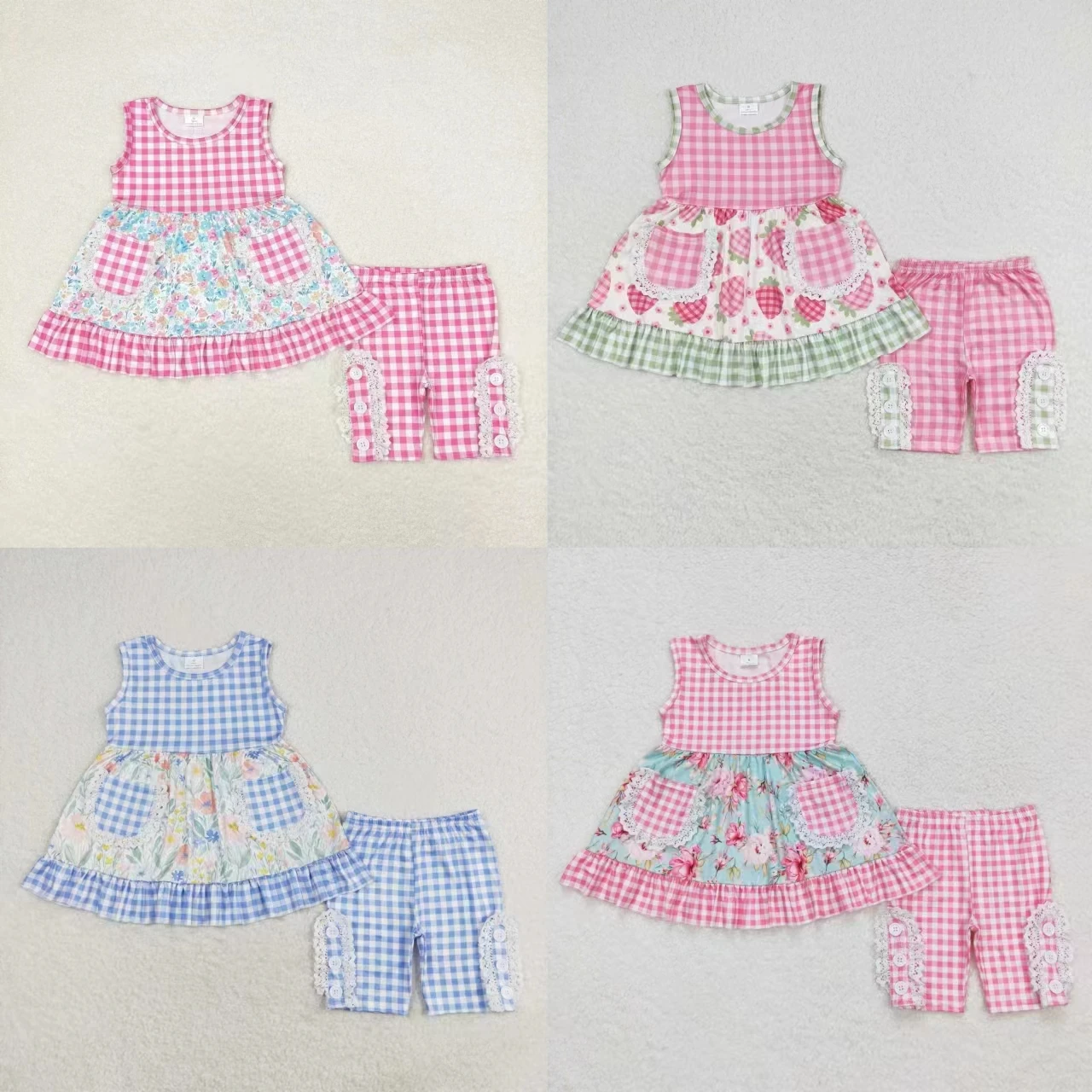 

Wholesale Toddler Sleeveless Floral Strawberry Pocket Tops Kids Ruffle Plaid Shorts Baby Girls Set Children Summer Infant Outfit