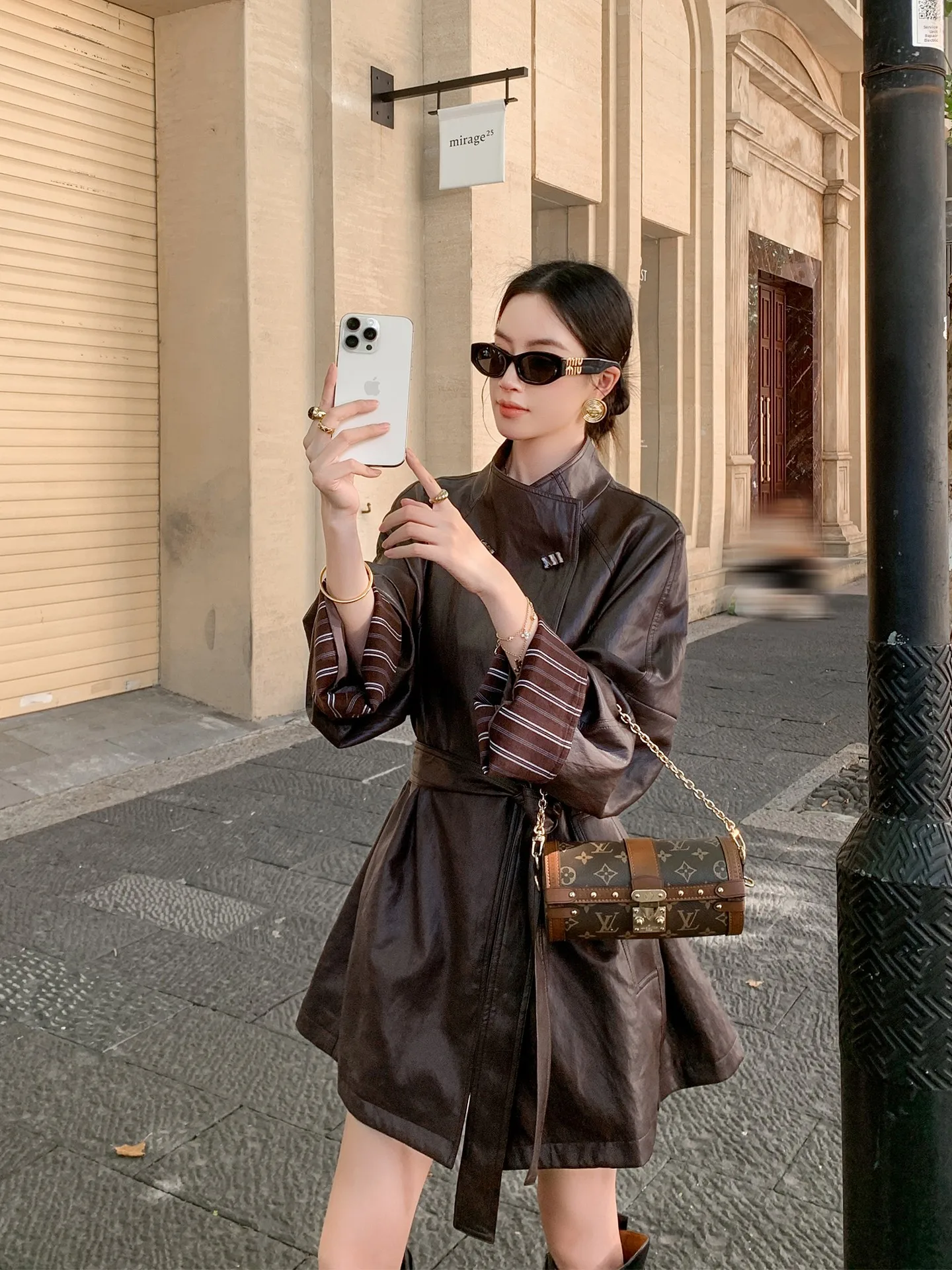 Binguo vintage listra flip-sve gola de couro jaet feminino fino ajuste outono cintura-entretendo casaco corta-vento