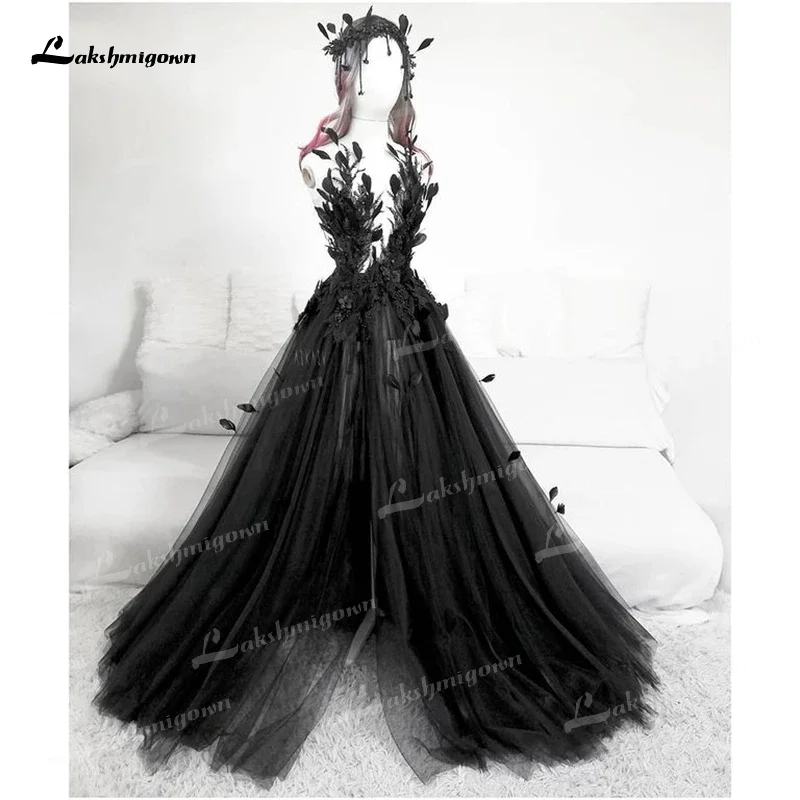 Gothic Black A-Lineชุดแต่งงาน2025ด้านข้างแยกFeather Vintage Backlessชุดเจ้าสาวTulle Vestidos De Novia Robe