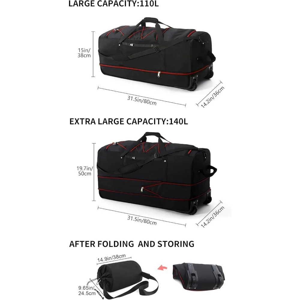 32 حقيبة سفر ذات عجلات ناعمة قابلة للطي، حقيبة شحن دوارة قابلة للتوسيع من 110 لتر إلى 140 لتر مع عجلتين وجيوب متعددة1 (