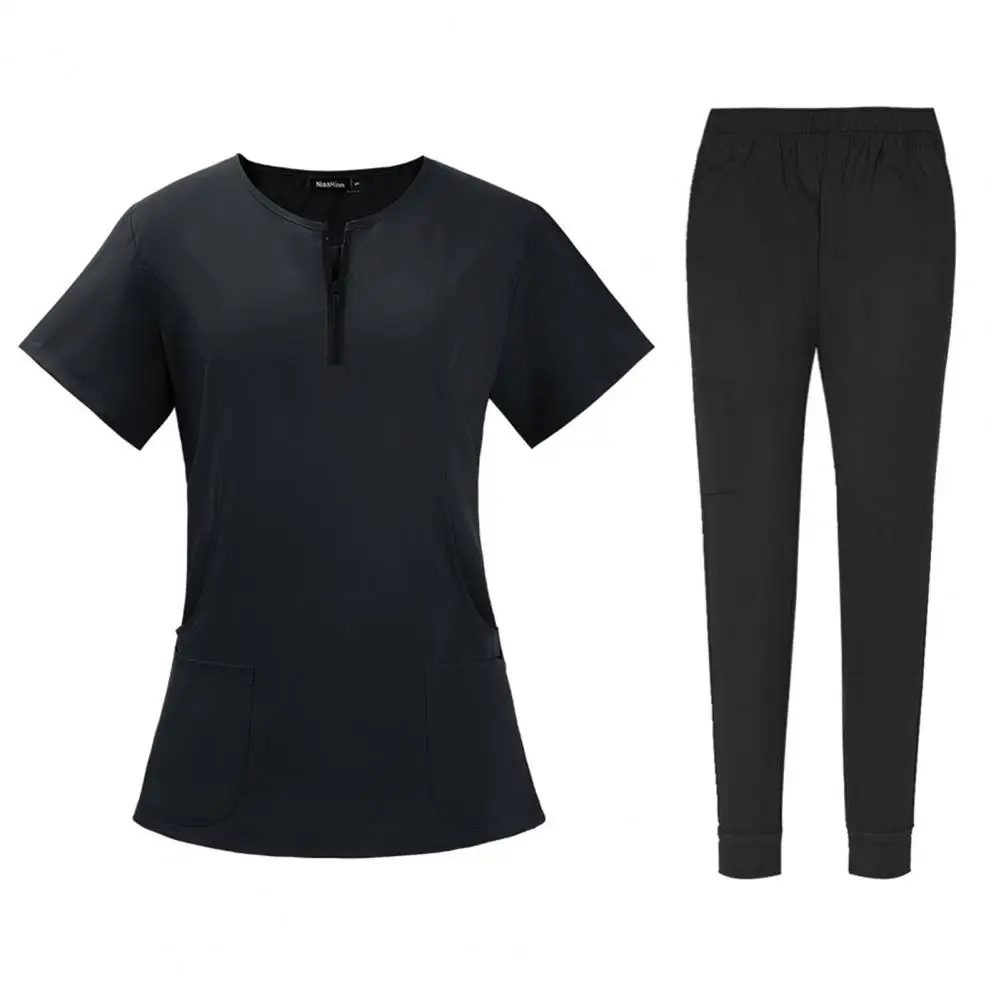 2025 Abbigliamento da lavoro da donna Completo da donna Uniforme medica Uniforme ospedaliera da donna Set con girocollo Cerniera Top Pantaloni in vita elastica Q