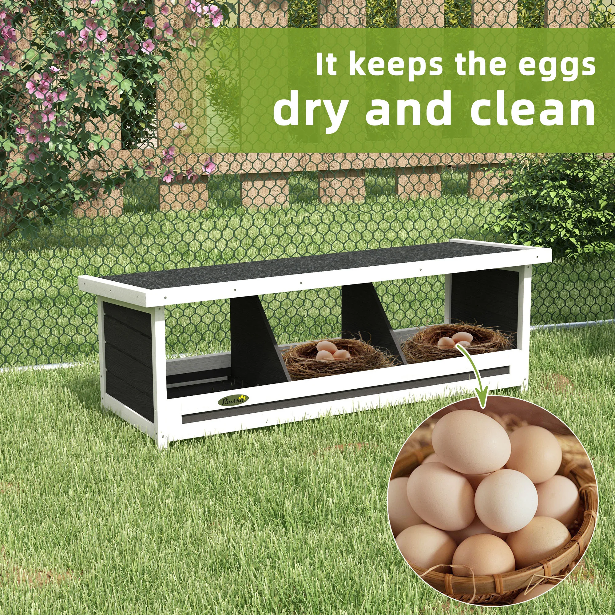 

Grey Black Chicken Laying Nest 3 Stalls, Asphalt Roof Wooden Poultry Coop 95x37x34cm