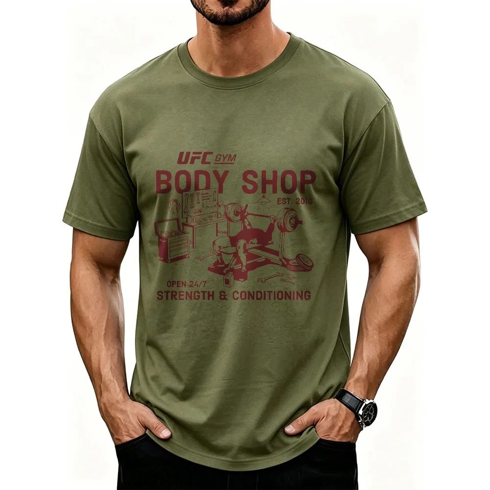 Футболка с винтажным принтом UFC Gym Body Shop, мужская хлопковая футболка для силовых тренировок, фитнеса, повседневная футболка для бодибилдинга