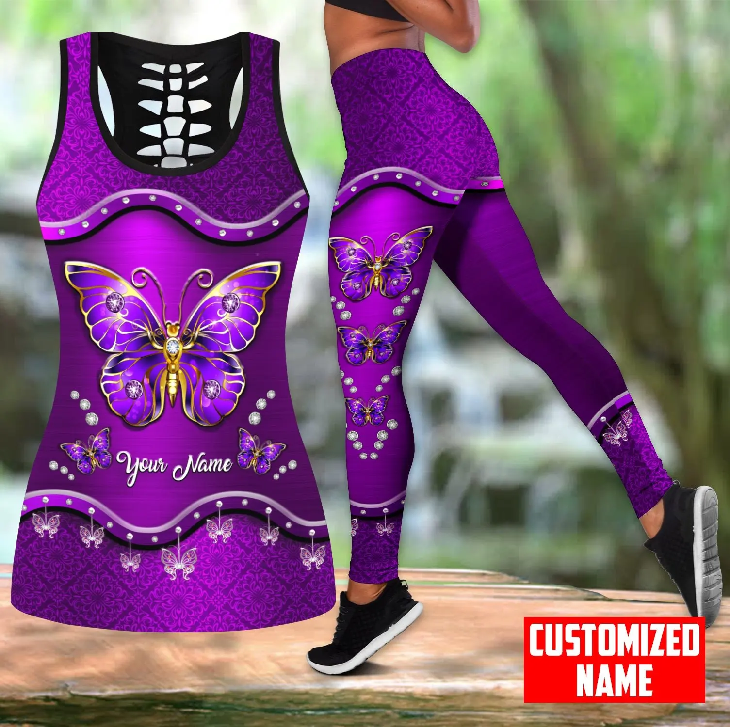 

Personalized Name Butterfly 3D Printed Hollow Tank Top And Leggings Set for Women Full Length Fitness Yoga Running Pants KBX02