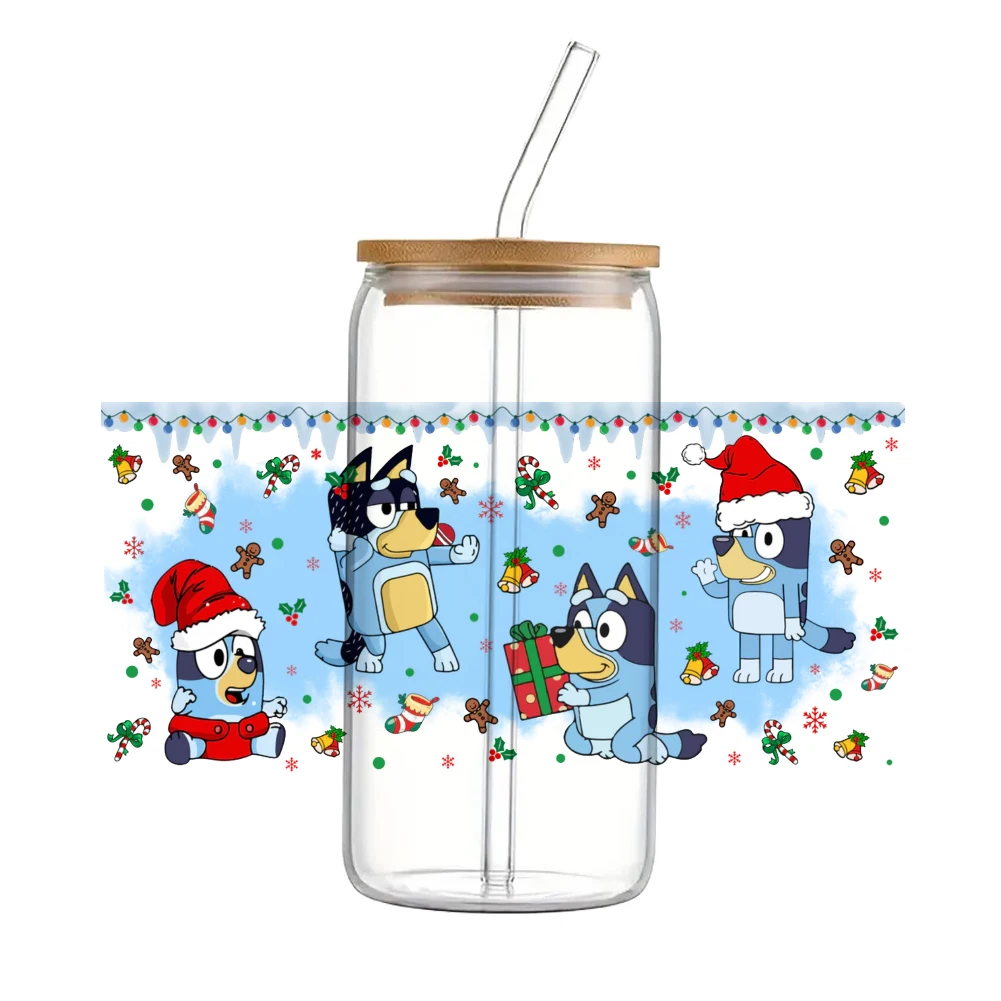 Blue Christmas  dog For Libbey 16oz Can Glass 3D Waterproof UV DTF Coffee Can Wrap Libbey Glass Wrap