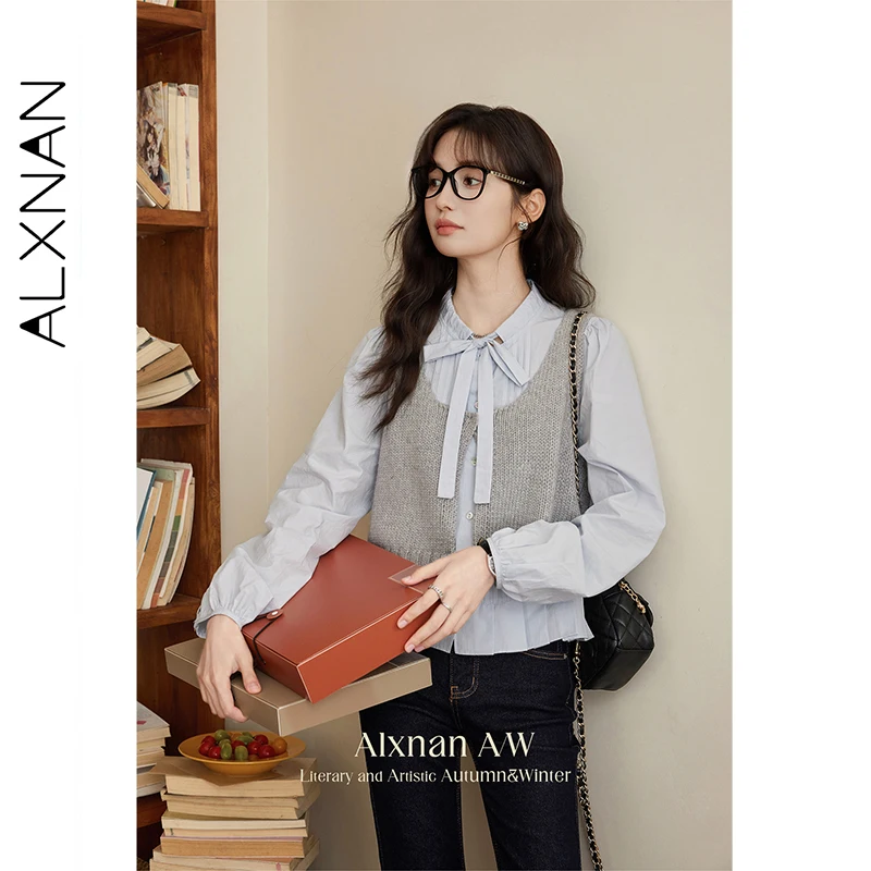 ALXNAN Niebieska Koszula Damska Jesienna Kokarda Plisowana Falbana Długi Rękaw Koszula Biurowa Casual Modna Elegancka Bluzka Damska L50602