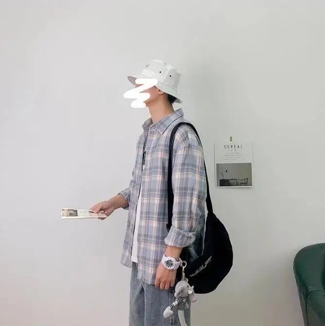 تي شيرت رجالي مطبوع منقوش ، سترة بأكمام طويلة بسيطة ، قميص فضفاض غير رسمي ، قمم كبيرة الحجم ، عصرية