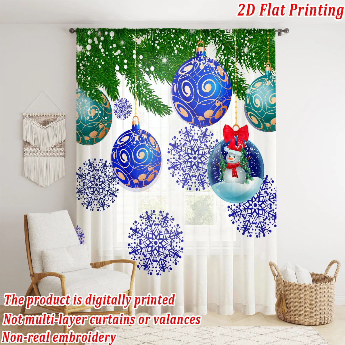ستارة شفافة مطبوعة مسطحة لعيد الميلاد مع زخرفة رجل الثلج على شكل كرة عيد الميلاد لغرفة المعيشة وغرفة النوم وحفلات العطلات